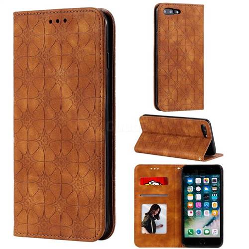 Intricate Embossing Four Leaf Clover Leather Wallet Case for iPhone 8 Plus / 7 Plus 7P(5.5 inch) - Yellowish Brown