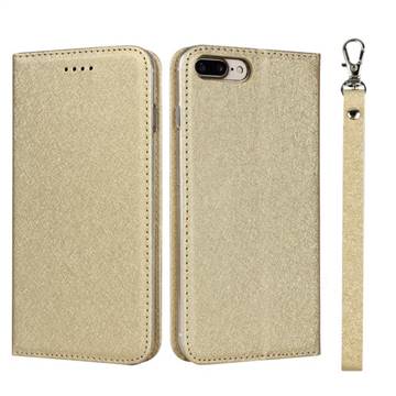 Ultra Slim Magnetic Automatic Suction Silk Lanyard Leather Flip Cover for iPhone 8 Plus / 7 Plus 7P(5.5 inch) - Golden