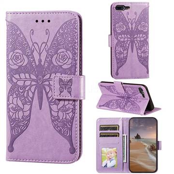 Intricate Embossing Rose Flower Butterfly Leather Wallet Case for iPhone 8 Plus / 7 Plus 7P(5.5 inch) - Purple