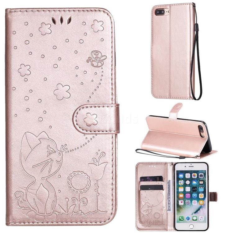 Embossing Bee and Cat Leather Wallet Case for iPhone 8 Plus / 7 Plus 7P(5.5 inch) - Rose Gold