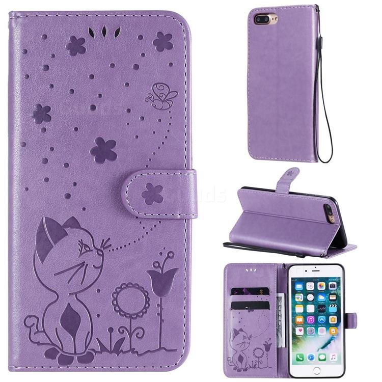 Embossing Bee and Cat Leather Wallet Case for iPhone 8 Plus / 7 Plus 7P(5.5 inch) - Purple