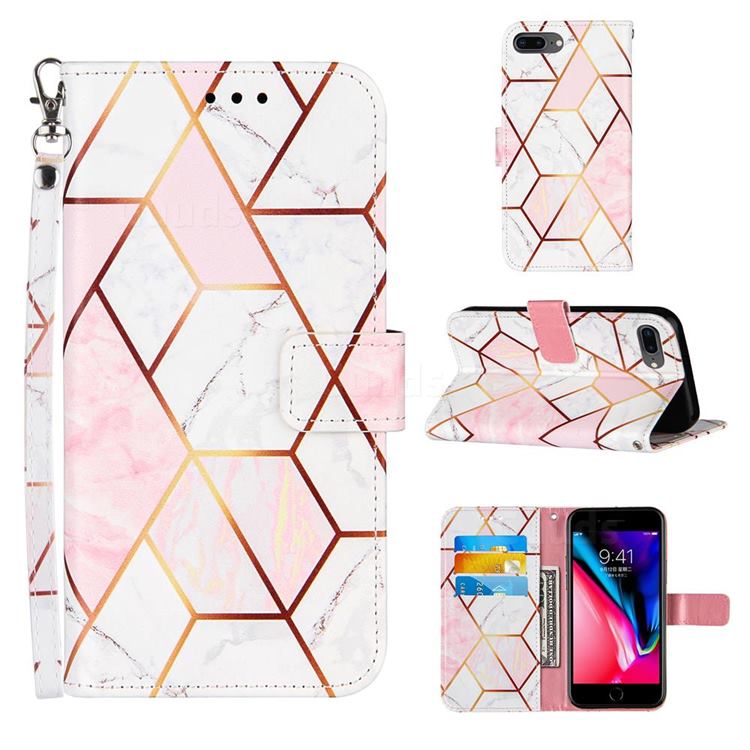 Pink White Stitching Color Marble Leather Wallet Case for iPhone 8 Plus / 7 Plus 7P(5.5 inch)
