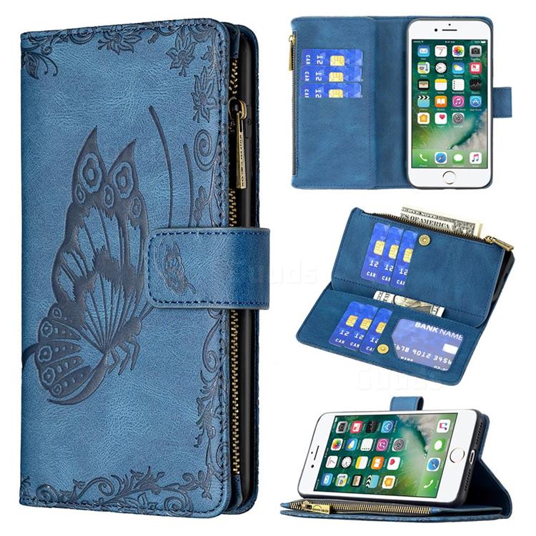 Binfen Color Imprint Vivid Butterfly Buckle Zipper Multi-function Leather Phone Wallet for iPhone 8 Plus / 7 Plus 7P(5.5 inch) - Blue