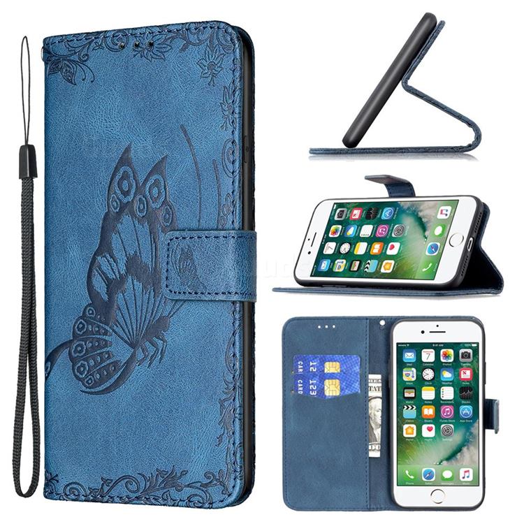 Binfen Color Imprint Vivid Butterfly Leather Wallet Case for iPhone 8 Plus / 7 Plus 7P(5.5 inch) - Blue