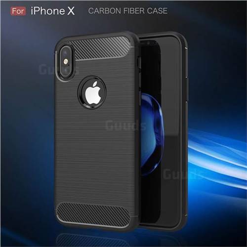 Luxury Carbon Fiber Brushed Wire Drawing Silicone TPU Back Cover for iPhone XS / X / 10 (5.8 inch) (Black)