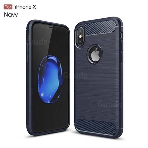 Luxury Carbon Fiber Brushed Wire Drawing Silicone TPU Back Cover for iPhone XS / X / 10 (5.8 inch) (Navy)
