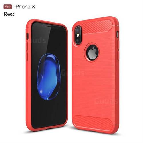 Luxury Carbon Fiber Brushed Wire Drawing Silicone TPU Back Cover for iPhone XS / X / 10 (5.8 inch) (Red)