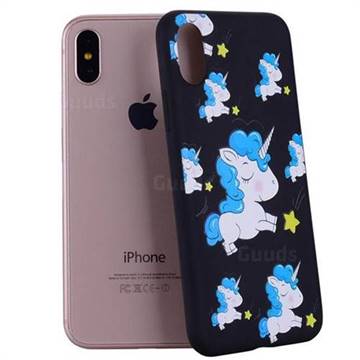 Blue Unicorn 3D Embossed Relief Black Soft Back Cover for iPhone XS / X / 10 (5.8 inch)