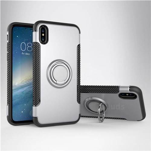 Armor Anti Drop Carbon PC + Silicon Invisible Ring Holder Phone Case for iPhone XS / X / 10 (5.8 inch) - Silver