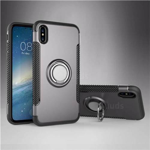Armor Anti Drop Carbon PC + Silicon Invisible Ring Holder Phone Case for iPhone XS / X / 10 (5.8 inch) - Grey