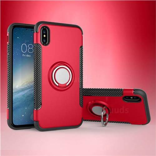 Armor Anti Drop Carbon PC + Silicon Invisible Ring Holder Phone Case for iPhone XS / X / 10 (5.8 inch) - Red