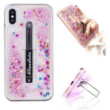 Concealed Ring Holder Stand Glitter Quicksand Dynamic Liquid Phone Case for iPhone XS / X / 10 (5.8 inch) - Rose