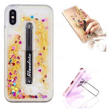 Concealed Ring Holder Stand Glitter Quicksand Dynamic Liquid Phone Case for iPhone XS / X / 10 (5.8 inch) - Golden