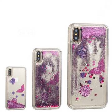 Purple Flower Butterfly Dynamic Liquid Glitter Quicksand Soft TPU Case for iPhone XS / X / 10 (5.8 inch)