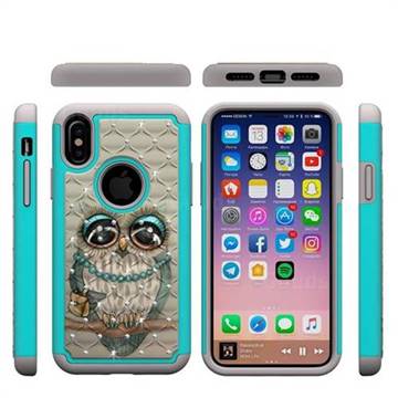 Sweet Gray Owl Studded Rhinestone Bling Diamond Shock Absorbing Hybrid Defender Rugged Phone Case Cover for iPhone XS / X / 10 (5.8 inch)