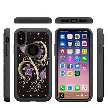 Peacock Flower Studded Rhinestone Bling Diamond Shock Absorbing Hybrid Defender Rugged Phone Case Cover for iPhone XS / X / 10 (5.8 inch)