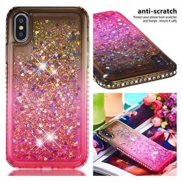 Diamond Frame Liquid Glitter Quicksand Sequins Phone Case for iPhone XS / iPhone X(5.8 inch) - Gray Pink