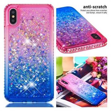 Diamond Frame Liquid Glitter Quicksand Sequins Phone Case for iPhone XS / iPhone X(5.8 inch) - Pink Blue