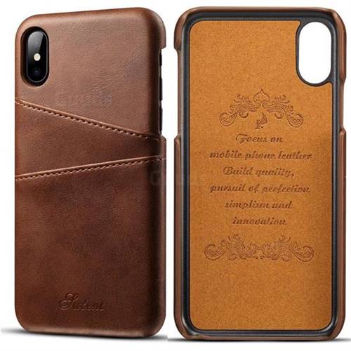 Suteni Retro Classic Card Slots Calf Leather Coated Back Cover for iPhone XS / iPhone X(5.8 inch) - Brown
