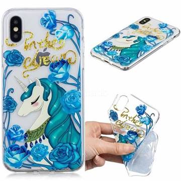 Blue Flower Unicorn Clear Varnish Soft Phone Back Cover for iPhone XS / iPhone X(5.8 inch)