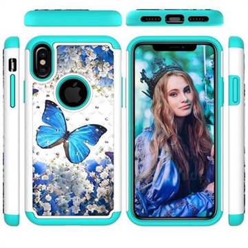 Flower Butterfly Studded Rhinestone Bling Diamond Shock Absorbing Hybrid Defender Rugged Phone Case Cover for iPhone XS / iPhone X(5.8 inch)