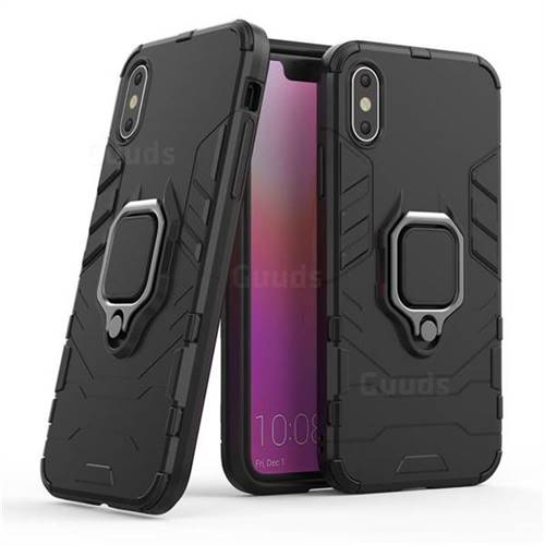 Black Panther Armor Metal Ring Grip Shockproof Dual Layer Rugged Hard Cover for iPhone XS / iPhone X(5.8 inch) - Black