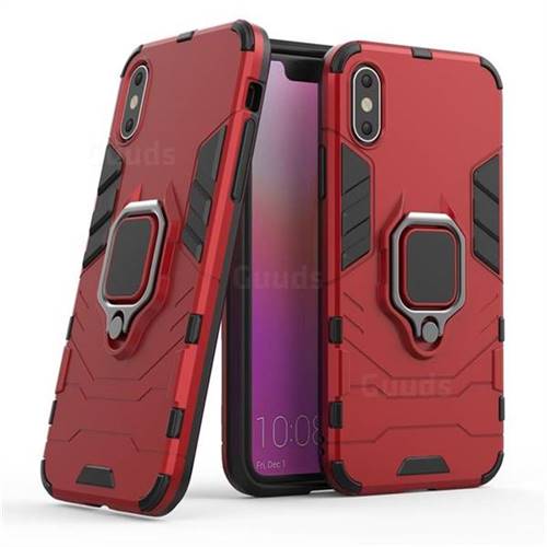 Black Panther Armor Metal Ring Grip Shockproof Dual Layer Rugged Hard Cover for iPhone XS / iPhone X(5.8 inch) - Red
