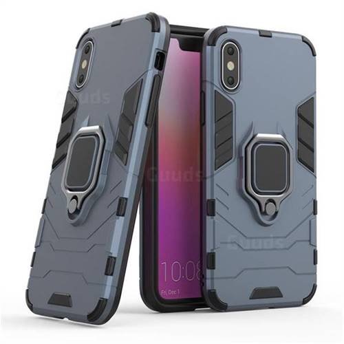 Black Panther Armor Metal Ring Grip Shockproof Dual Layer Rugged Hard Cover for iPhone XS / iPhone X(5.8 inch) - Blue