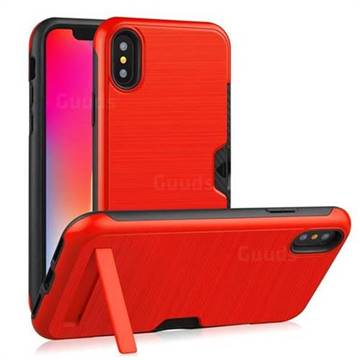 Brushed 2 in 1 TPU + PC Stand Card Slot Phone Case Cover for iPhone XS / iPhone X(5.8 inch) - Red