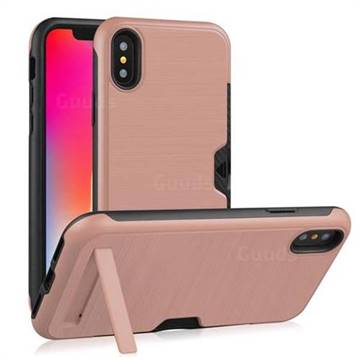 Brushed 2 in 1 TPU + PC Stand Card Slot Phone Case Cover for iPhone XS / iPhone X(5.8 inch) - Rose Gold