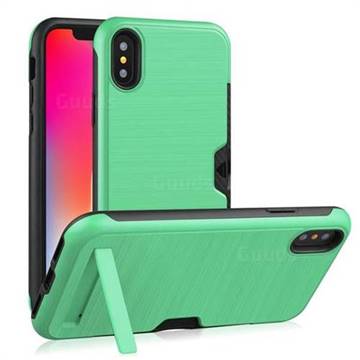 Brushed 2 in 1 TPU + PC Stand Card Slot Phone Case Cover for iPhone XS / iPhone X(5.8 inch) - Mint Green