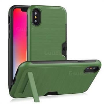 Brushed 2 in 1 TPU + PC Stand Card Slot Phone Case Cover for iPhone XS / iPhone X(5.8 inch) - Army Green
