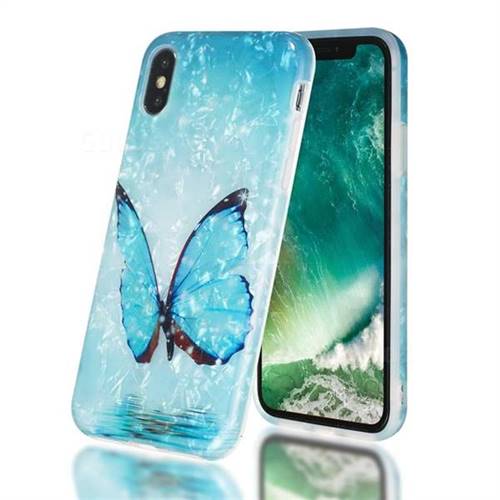 Sea Blue Butterfly Shell Pattern Clear Bumper Glossy Rubber Silicone Phone Case for iPhone XS / iPhone X(5.8 inch)