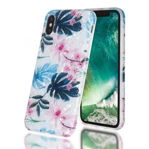 Flowers and Leaves Shell Pattern Clear Bumper Glossy Rubber Silicone Phone Case for iPhone XS / iPhone X(5.8 inch)