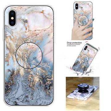 Golden Gray Marble Pop Stand Holder Varnish Phone Cover for iPhone XS / iPhone X(5.8 inch)