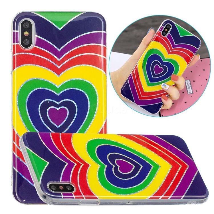 Rainbow Heart Painted Galvanized Electroplating Soft Phone Case Cover for iPhone XS / iPhone X(5.8 inch)