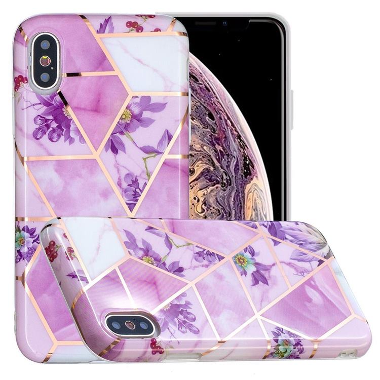 Purple Flower Painted Marble Electroplating Protective Case for iPhone XS / iPhone X(5.8 inch)