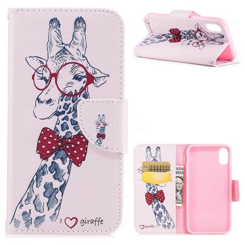 Glasses Giraffe Leather Wallet Case for iPhone XS / X / 10 (5.8 inch)