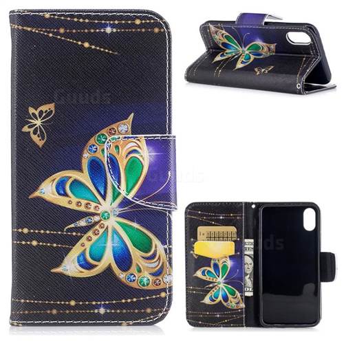 Golden Shining Butterfly Leather Wallet Case for iPhone XS / X / 10 (5.8 inch)