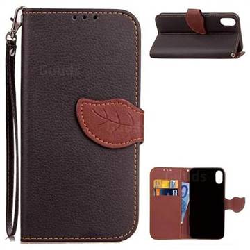 Leaf Buckle Litchi Leather Wallet Phone Case for iPhone XS / X / 10 (5.8 inch) - Black