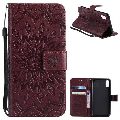 Embossing Sunflower Leather Wallet Case for iPhone XS / X / 10 (5.8 inch) - Brown