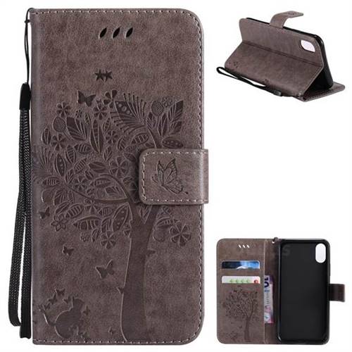 Embossing Butterfly Tree Leather Wallet Case for iPhone XS / X / 10 (5.8 inch) - Grey