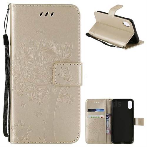 Embossing Butterfly Tree Leather Wallet Case for iPhone XS / X / 10 (5.8 inch) - Champagne