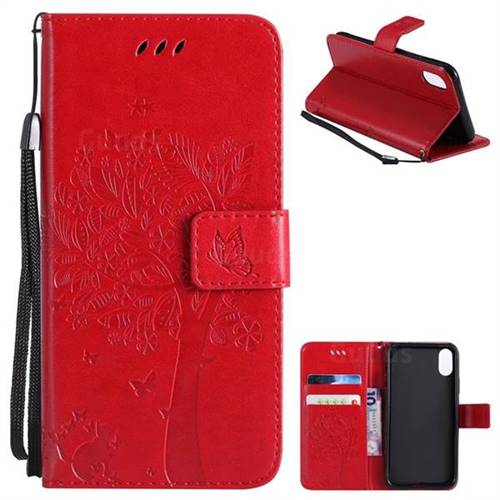 Embossing Butterfly Tree Leather Wallet Case for iPhone XS / X / 10 (5.8 inch) - Red