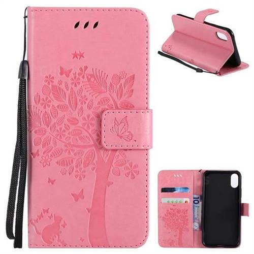 Embossing Butterfly Tree Leather Wallet Case for iPhone XS / X / 10 (5.8 inch) - Pink
