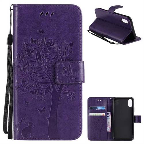 Embossing Butterfly Tree Leather Wallet Case for iPhone XS / X / 10 (5.8 inch) - Purple