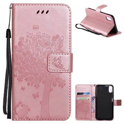 Embossing Butterfly Tree Leather Wallet Case for iPhone XS / X / 10 (5.8 inch) - Rose Pink