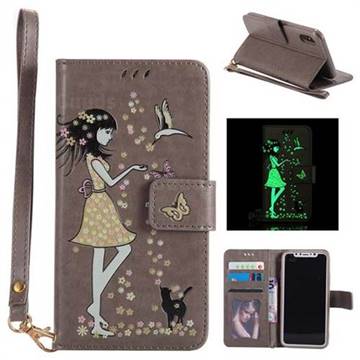 Luminous Flower Girl Cat Leather Wallet Case for iPhone XS / X / 10 (5.8 inch) - Gray