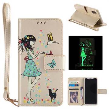 Luminous Flower Girl Cat Leather Wallet Case for iPhone XS / X / 10 (5.8 inch) - Champagne
