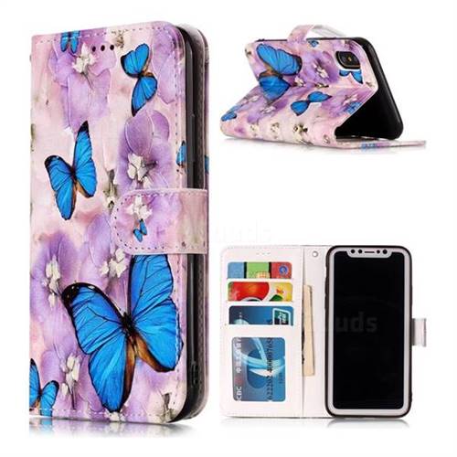 Purple Flowers Butterfly 3D Relief Oil PU Leather Wallet Case for iPhone XS / X / 10 (5.8 inch)